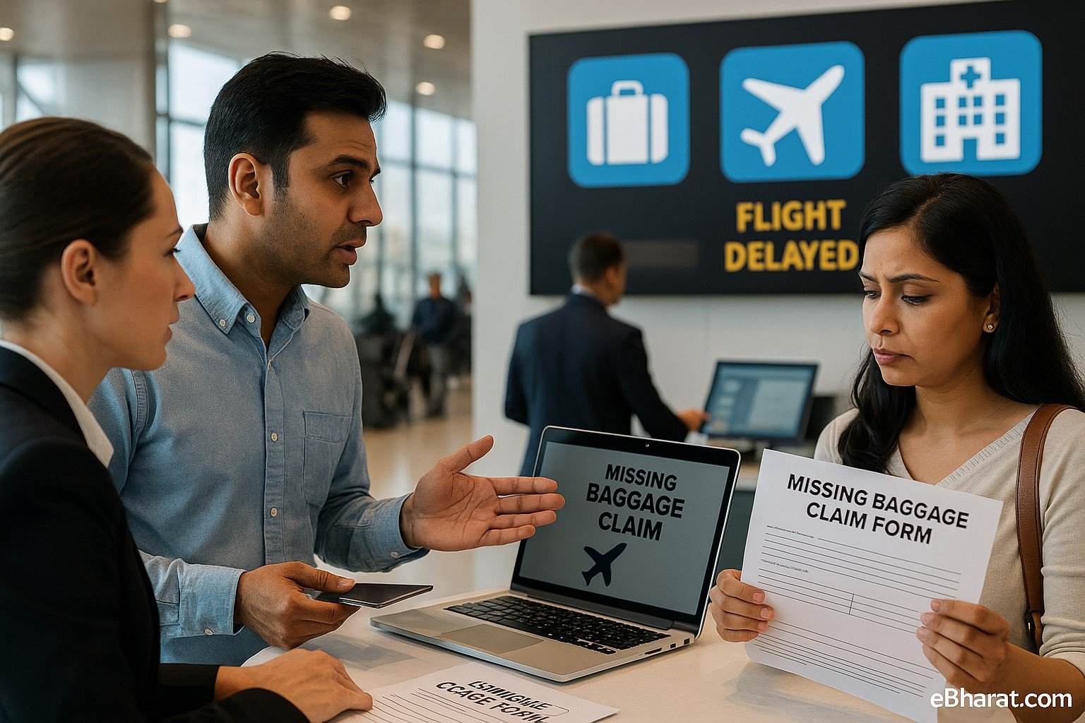 : Indian couple at an international airport dealing with delayed flights and missing baggage, symbolizing top travel insurance claims in 2025.