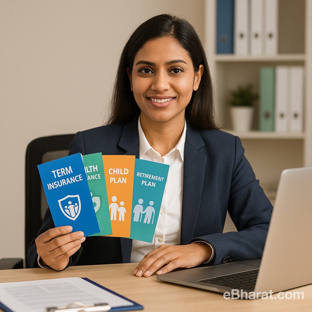 Insurance agent in India displaying brochures of popular insurance plans