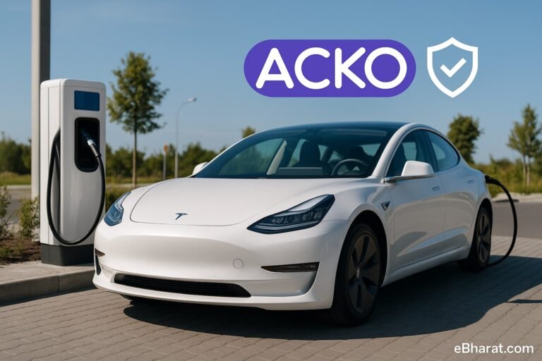 भारत में एक EV चार्जिंग स्टेशन पर खड़ी टेस्ला कार, जिसके ऊपर ACKO का लोगो और बीमा शील्ड का डिजिटल ओवरले दिख रहा है। उजले दिन का दृश्य, आधुनिक और भविष्यवादी सेटिंग।