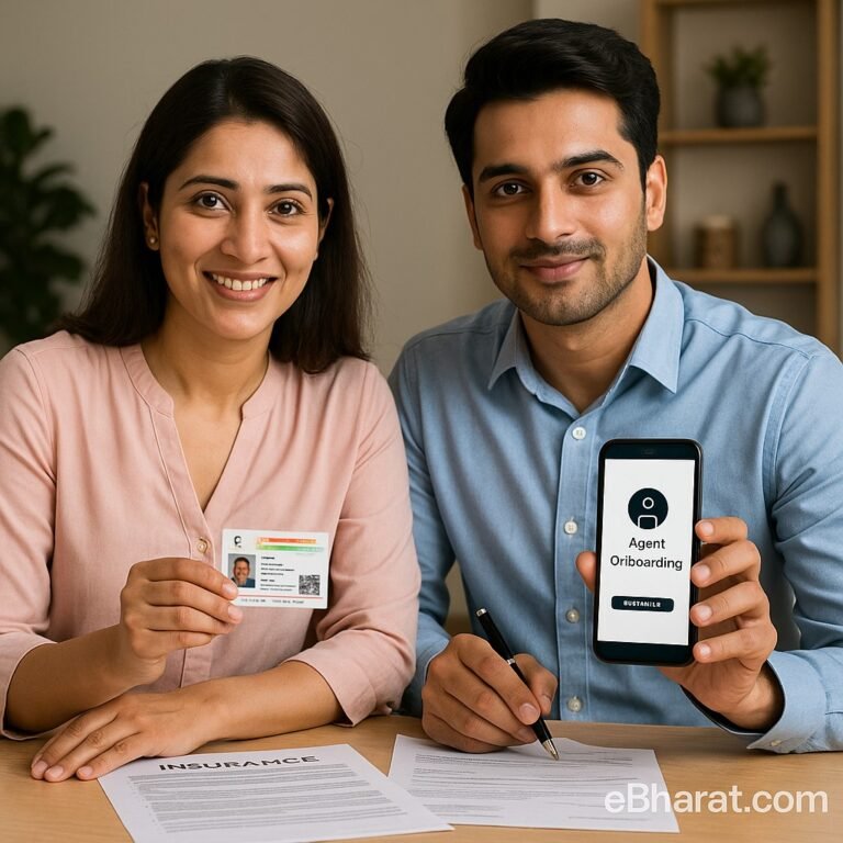 Indian man and woman with Aadhaar card and insurance forms applying to become agents