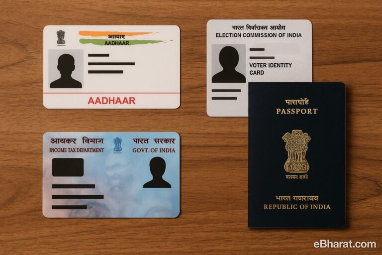"Indian government ID cards and passport arranged neatly"
