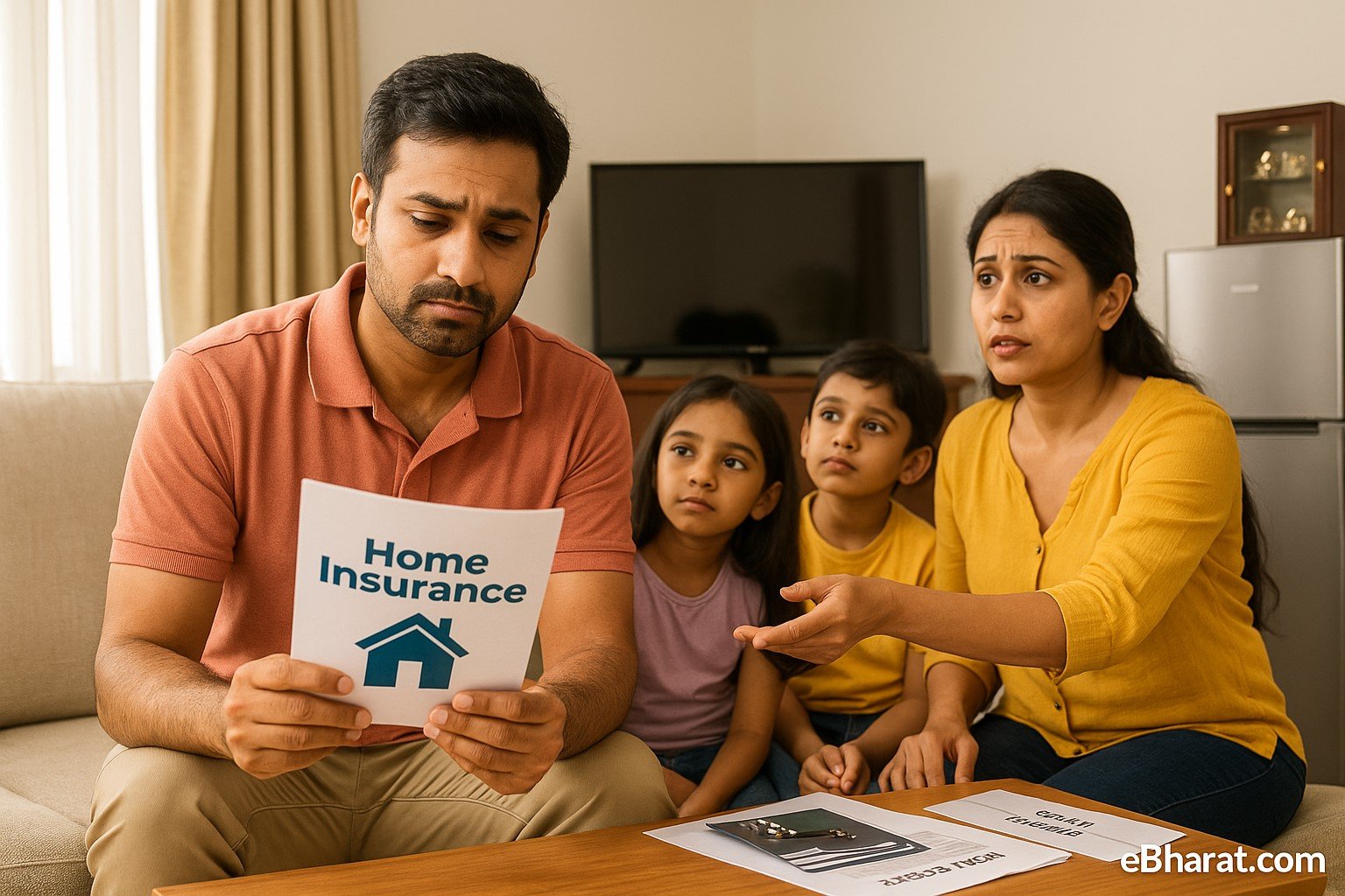 : Indian family in their living room hesitating about buying home insurance, symbolizing lack of awareness and misconceptions in 2025.