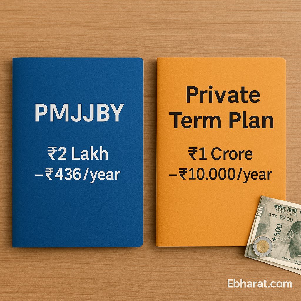 PMJJBY and private term plan policy folders with rupee notes