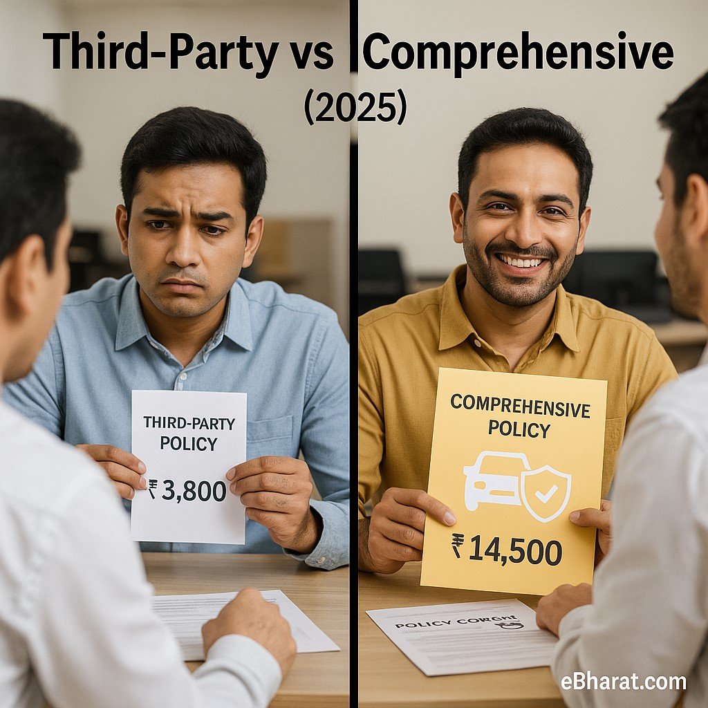Split-scene showing Indian car owners comparing third-party and comprehensive motor insurance costs in 2025.
