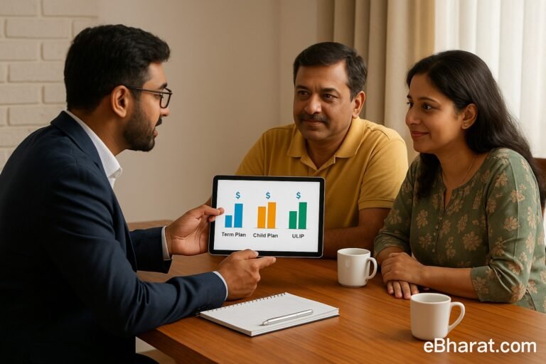 An Indian insurance agent using a tablet to explain term and savings plans to a couple at their home dining table, simplifying policies with visual charts.