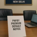 Government file marked ‘PMFBY Premium Default Notice’ placed at a policy desk as Centre revises crop insurance scheme guidelines.
