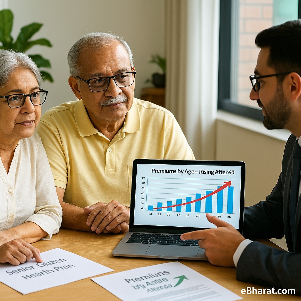 Elderly Indian couple reviewing high health insurance premiums with a financial advisor, showing rising premium chart after age 60 in 2025.