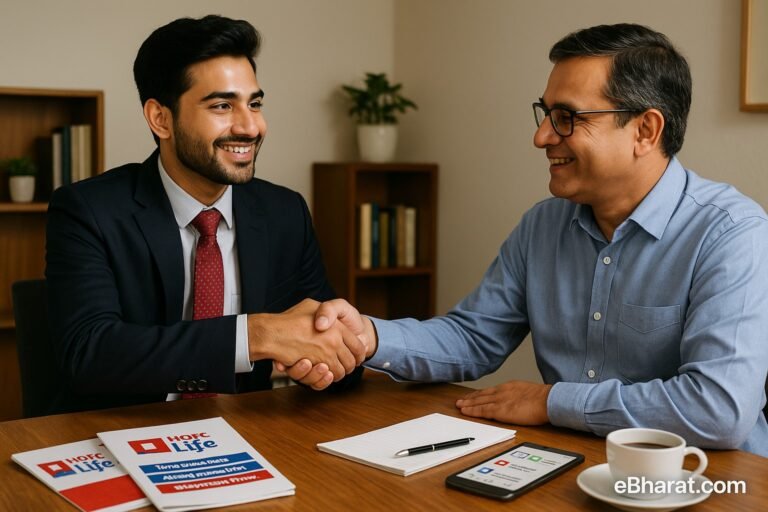 An Indian insurance agent confidently shaking hands with a client after explaining insurance plans, symbolizing trust and the start of their first 10 client relationships.
