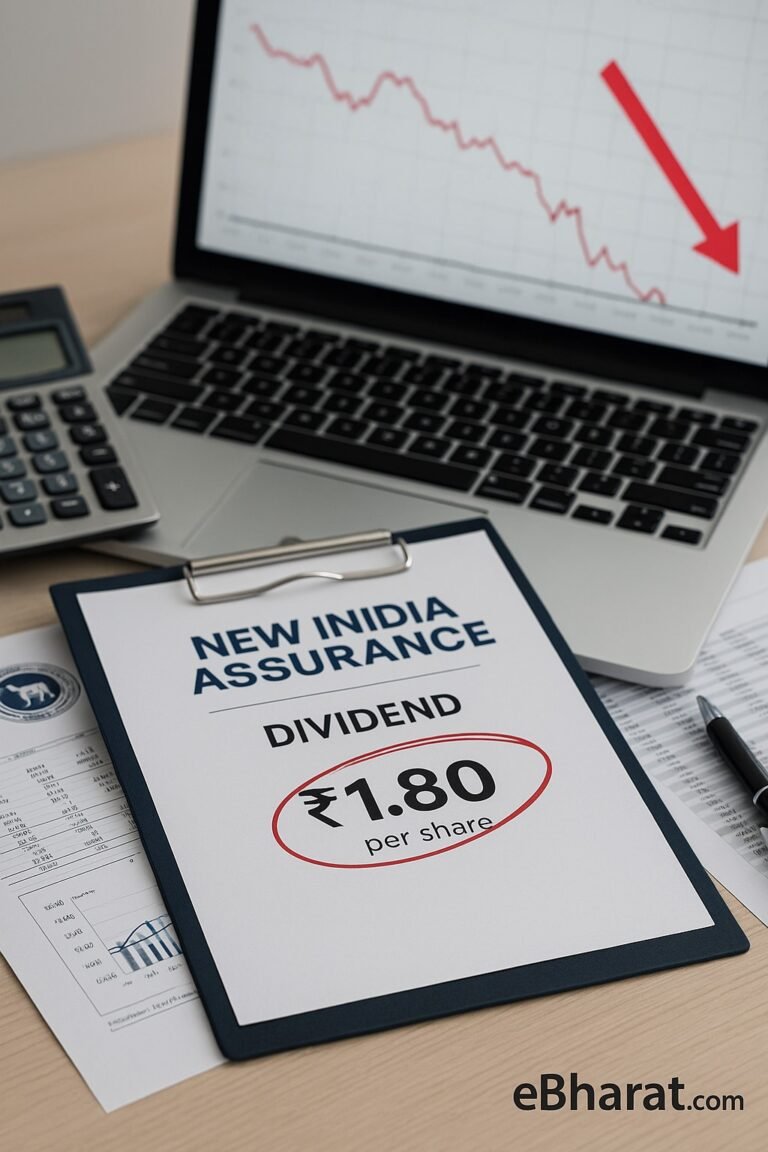 New India Assurance dividend cut statement with financial documents and falling stock chart on screen.