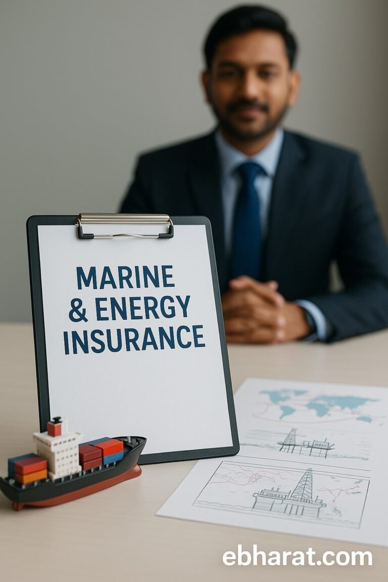 Marine and energy insurance leadership concept showing shipping map, oil rig diagram, and corporate clipboard with appointment documents.