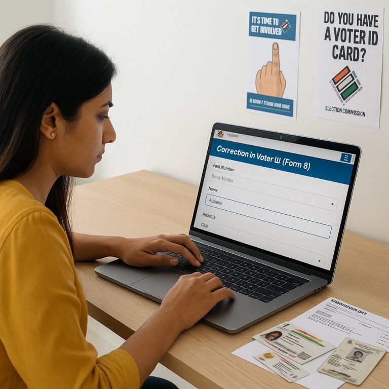 Indian citizen updating voter ID address online on NVSP portal without rental agreement, using Aadhaar and electricity bill as proof.