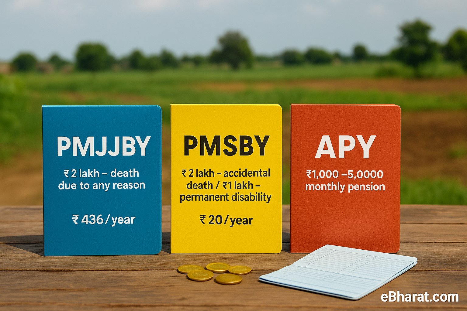 Government scheme folders labeled PMJJBY, PMSBY, APY with passbook and coins
