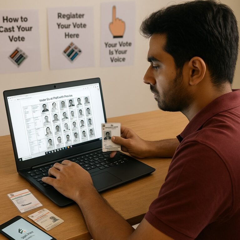 An Indian citizen sitting at home viewing a voter list PDF with small passport-size photos on a laptop screen, voter ID and Aadhaar card placed on the desk, daylight setting, eBharat.com watermark visible."