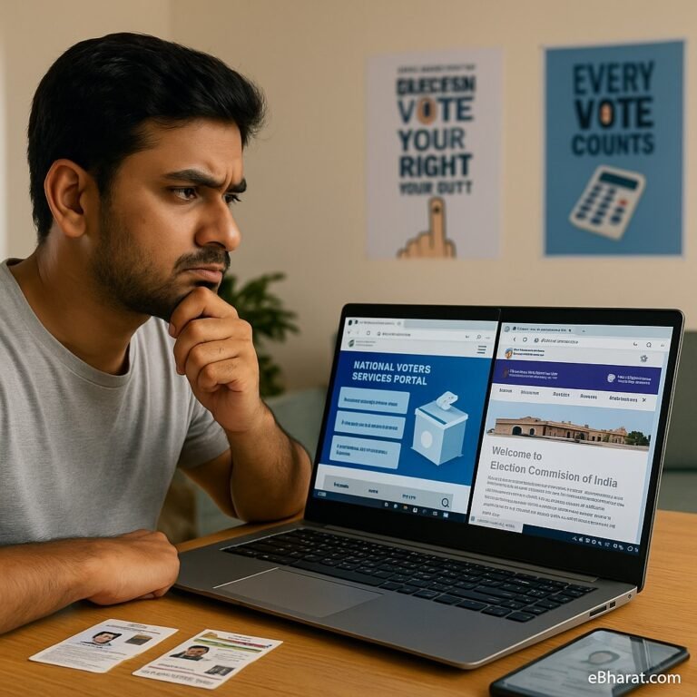 : An Indian citizen at home comparing the NVSP portal and a State CEO portal on a laptop screen, with Voter ID and Aadhaar cards placed on the desk.