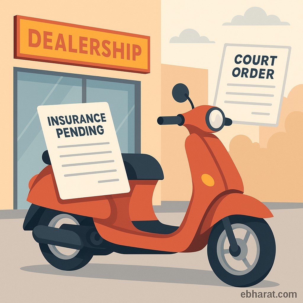 Scooter with pending insurance document and court ruling in background after Ghaziabad dealer fined ₹7.5 lakh.