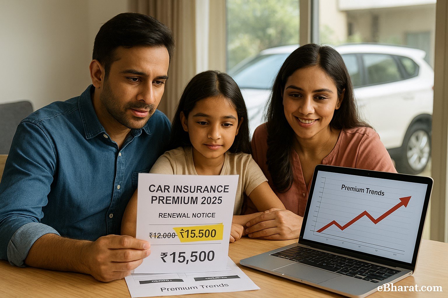 Indian family reviewing car insurance renewal notice showing premium increase in 2025, with laptop displaying upward trend chart.