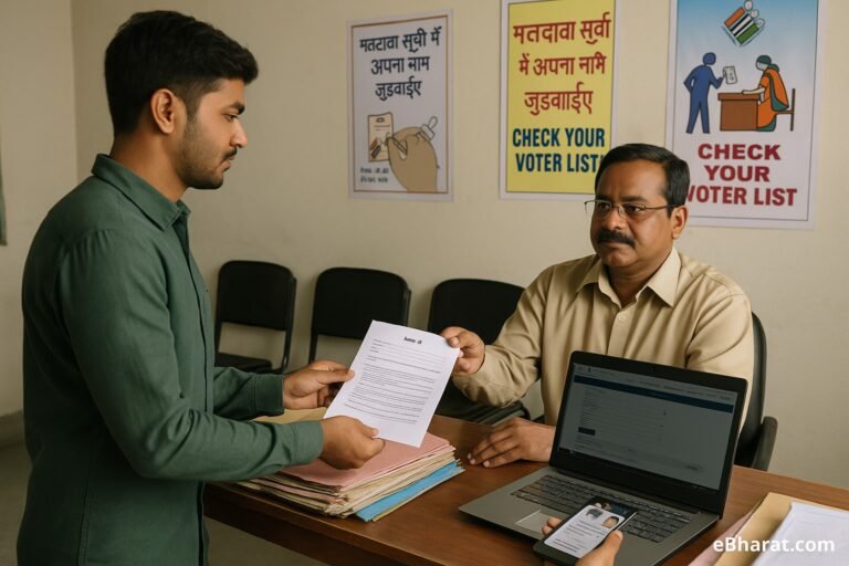 Indian citizen submitting voter ID application form at a government office counter in India.