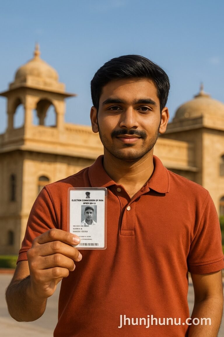A young Indian man in Rajasthan standing outside a government building holding a voter ID card, with traditional Rajasthani architecture in the background under a clear sunny sky. The image includes a subtle Jhunjhunu.com watermark at the bottom right.