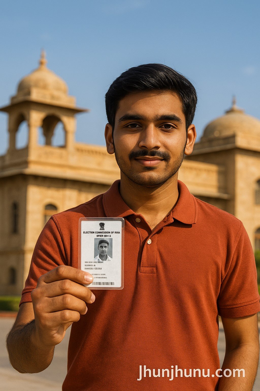 A young Indian man in Rajasthan standing outside a government building holding a voter ID card, with traditional Rajasthani architecture in the background under a clear sunny sky. The image includes a subtle Jhunjhunu.com watermark at the bottom right.