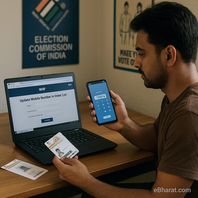 An Indian citizen sitting at a desk using a smartphone with an OTP verification screen, while a laptop shows the NVSP portal “Update Mobile Number” form. Aadhaar card placed on the table as supporting document, bright daylight indoor setting, with an eBharat.com watermark at the bottom right.