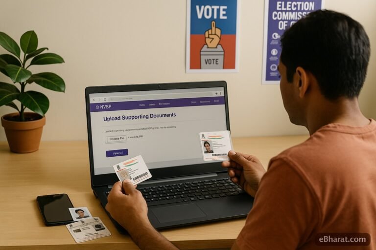 A realistic photo of an Indian citizen sitting at a desk with a laptop open on the NVSP portal showing the “Upload Supporting Documents” section. The person holds a scanned Aadhaar card, with a voter ID and passport-size photo placed on the desk. Bright indoor daylight, election posters in the background, with an eBharat.com watermark at the bottom right.