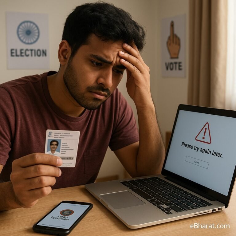 An Indian citizen sitting at a desk with a laptop showing the NVSP portal error message “Please try again later” while holding a voter ID card. A smartphone with the Voter Helpline app is also on the desk.