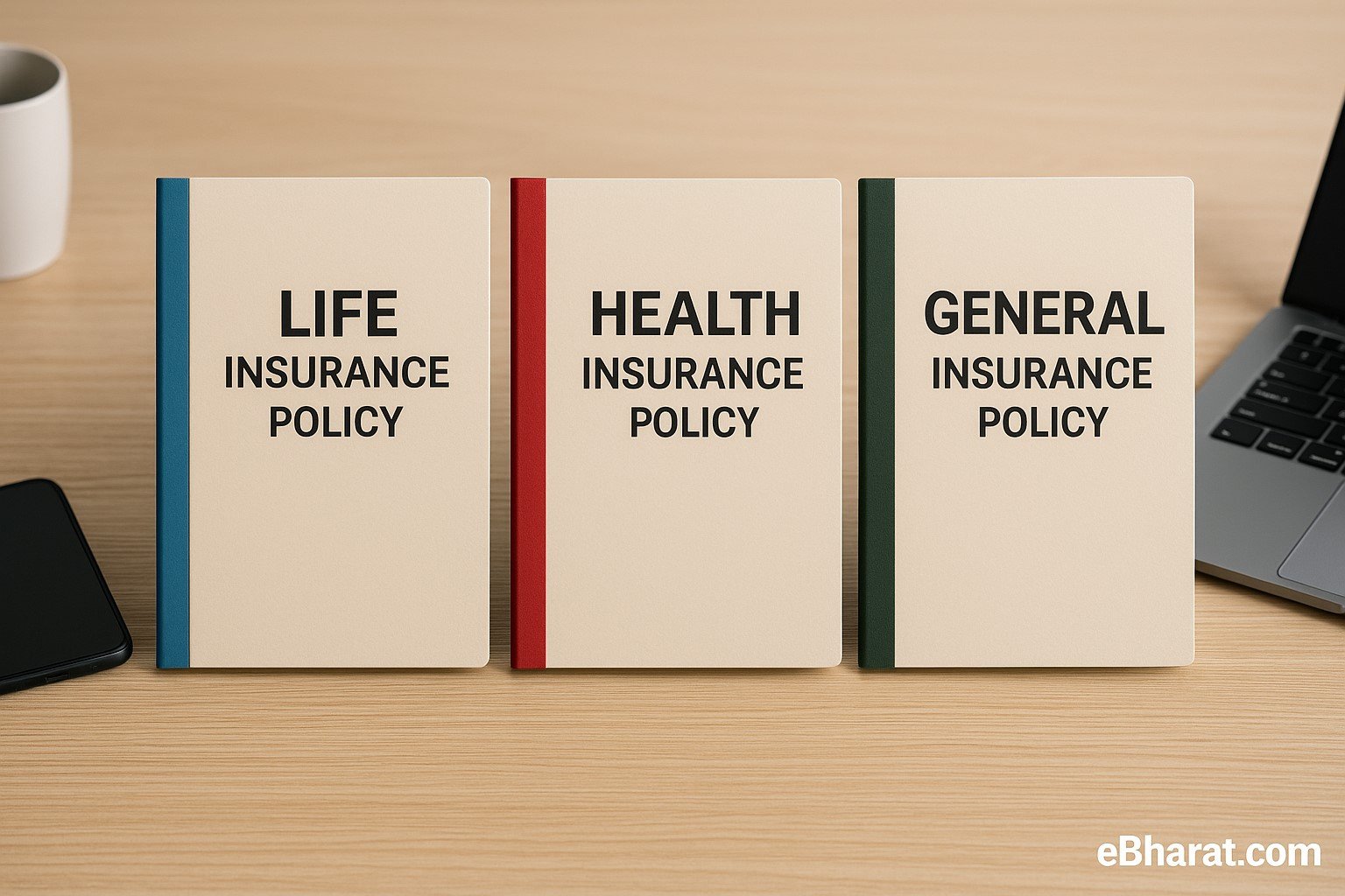 Desk with life, health, and general insurance policy folders placed neatly side by side
