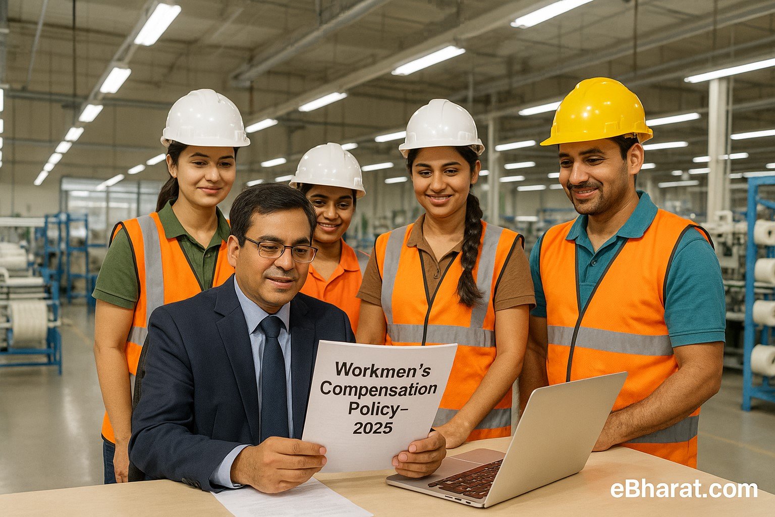Indian factory workers with supervisor and advisor reviewing a workmen’s compensation policy document in 2025, symbolizing employee protection.