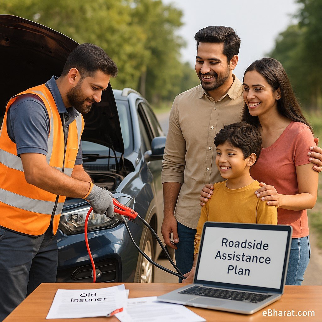 : Indian family receiving roadside assistance for their car breakdown, symbolizing RSA benefits in 2025 motor insurance.