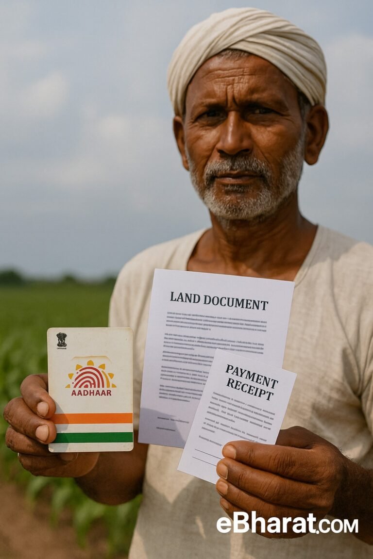 An Indian farmer holding crop insurance receipts, standing confidently in a rural field, highlighting awareness against fraud