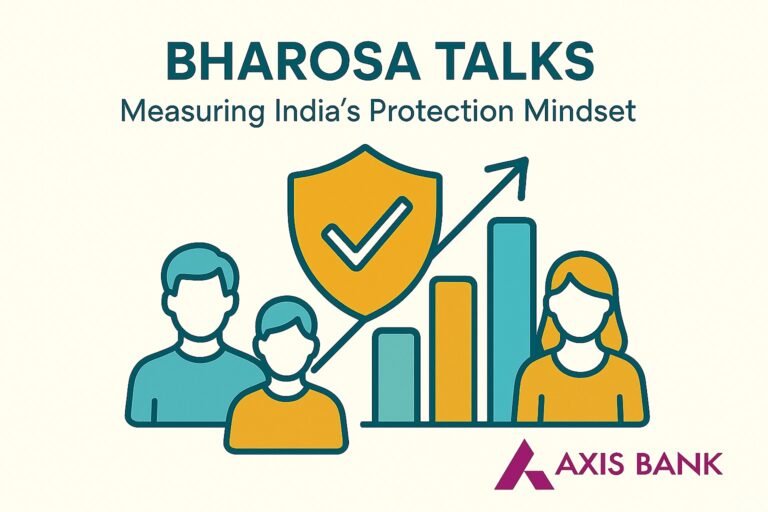 Flat-style infographic showing three diverse human figures, a shield with checkmark, and ascending bar graph under the heading ‘Bharosa Talks: Measuring India’s Protection Mindset’, with Axis Bank logo in the bottom-right corner.