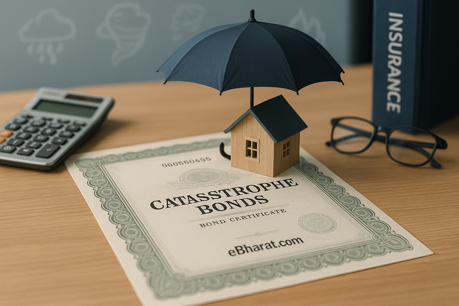 A realistic catastrophe bond certificate with ornate green borders on a wooden desk, featuring the text “Catastrophe Bonds” and eBharat.com branding. A small wooden house sits under a blue umbrella, with a calculator, glasses, and an insurance binder nearby — symbolizing reinsurance and disaster protection.