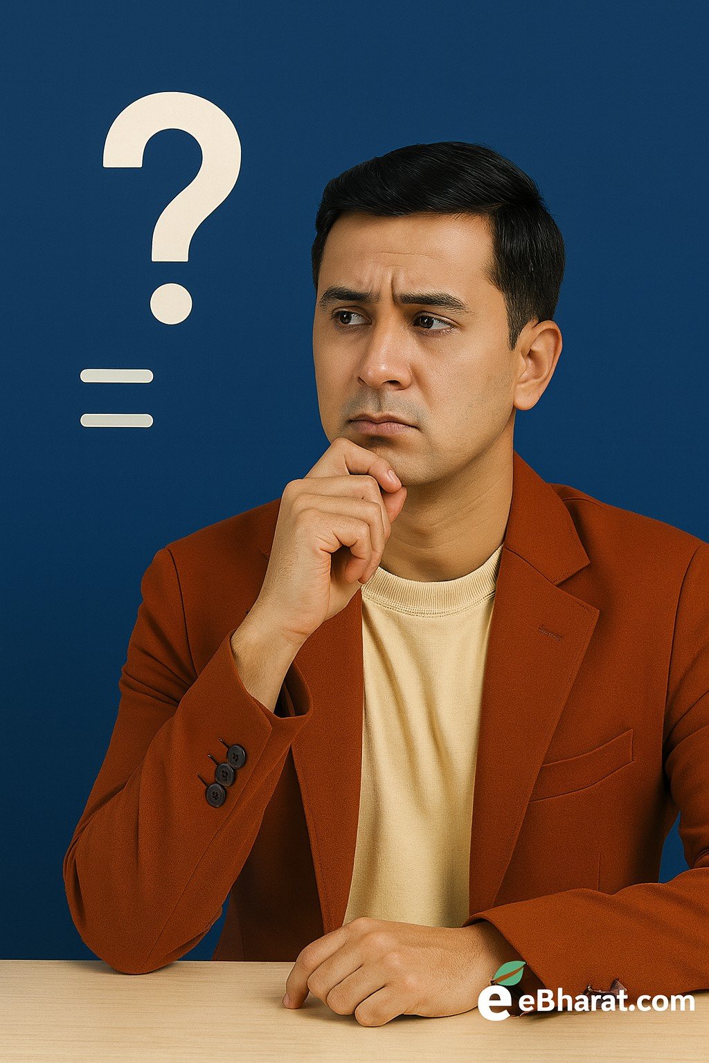 A realistic office setting with two professionals: on the left, a confused businessperson with a large semi-transparent question mark above their head, and on the right, a confident professional holding a checklist. Background includes subtle symbols like an umbrella, handshake, and documents, with faint text Reinsurance”and eBharat.com branding at the bottom-right.