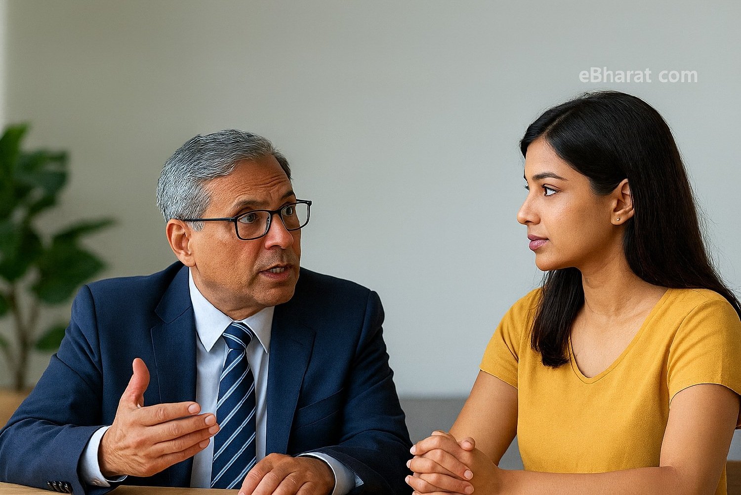 Indian Chartered Accountant in a navy blue suit advising a young Indian woman in mustard blouse during a consultation, symbolizing cross-border Mediclaim diversification.