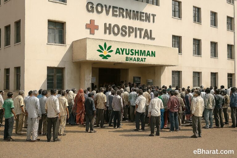 Large crowd of patients waiting outside a Haryana government hospital with Ayushman Bharat logo on entrance, following suspension of scheme services.
