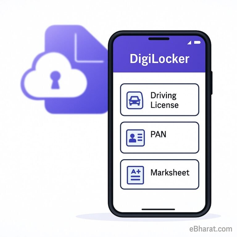 Smartphone screen with DigiLocker interface showing icons for Driving License, PAN card, and Marksheet, with DigiLocker logo in background and eBharat.com watermark