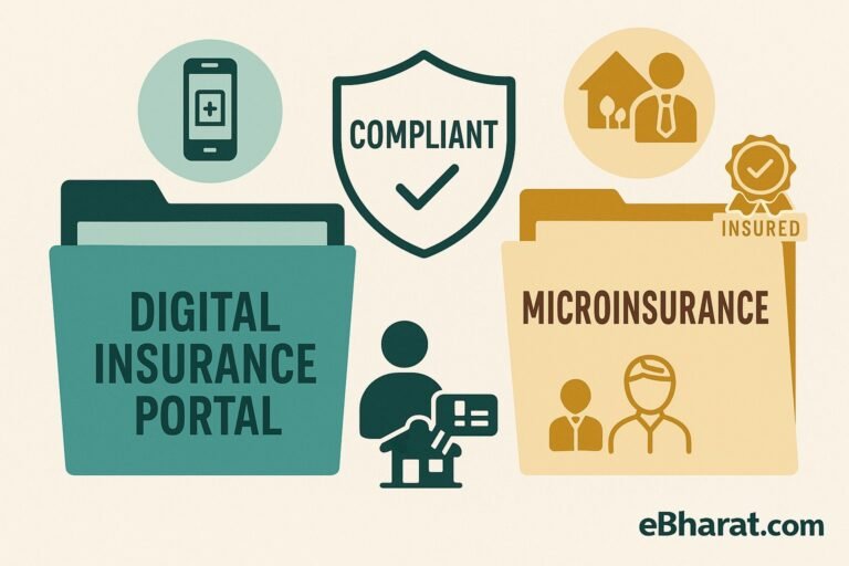 Illustration comparing a teal digital insurance portal folder and a mustard microinsurance folder, with compliance and insured icons between them, highlighting the shift from urban aggregators to rural-focused InsurTech platforms.
