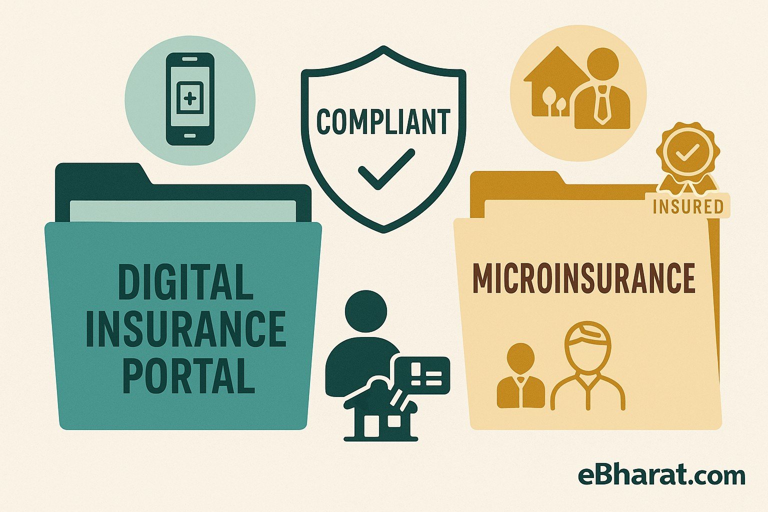 Illustration comparing a teal digital insurance portal folder and a mustard microinsurance folder, with compliance and insured icons between them, highlighting the shift from urban aggregators to rural-focused InsurTech platforms.
