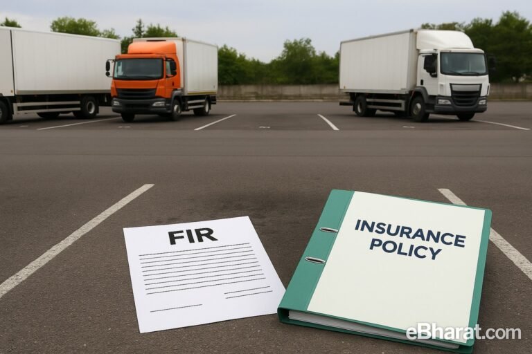 Empty parking spot in a commercial truck lot, with FIR document and insurance policy file in the foreground, eBharat.com watermark visible.