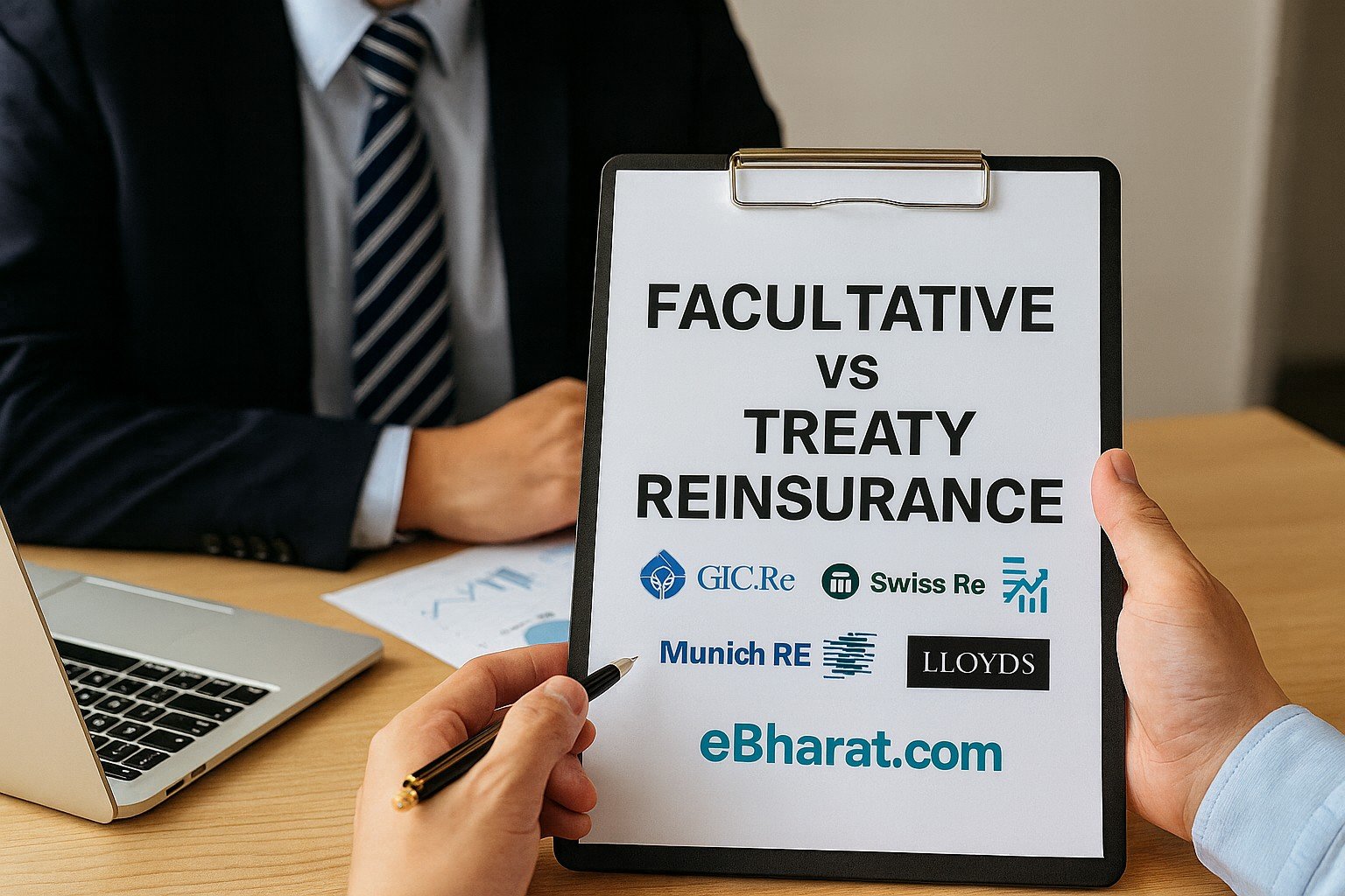 Two Indian insurance professionals reviewing a document with company logos, growth graph, and eBharat.com watermark, symbolizing Facultative vs Treaty Reinsurance in India.