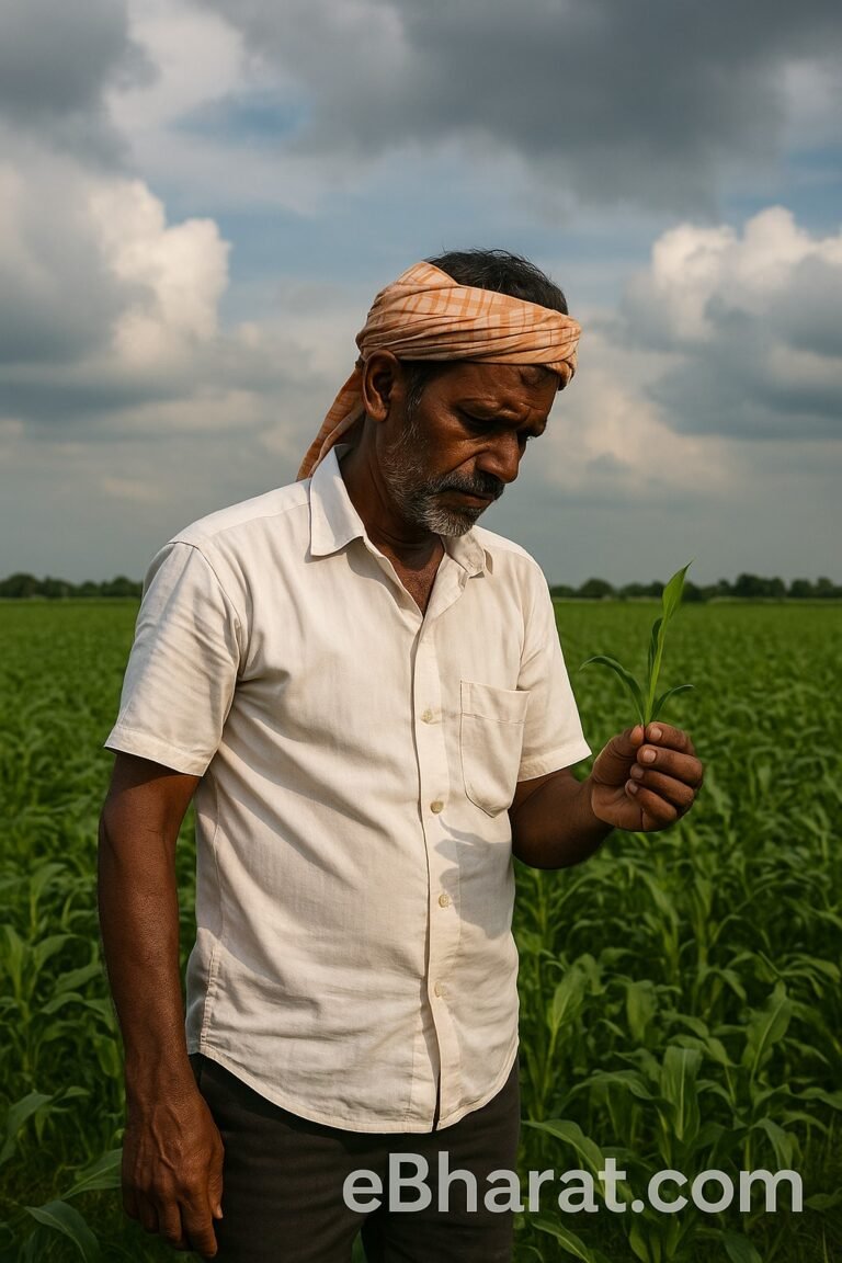 Farmer inspecting his crop under a cloudy sky, symbolizing agricultural risks and the importance of crop insurance protection.