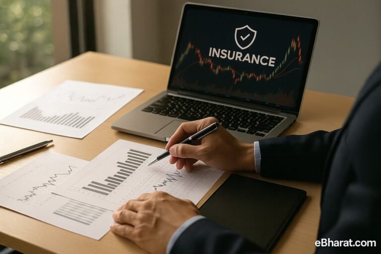 A financial advisor at a desk analysing printed stock charts and graphs, with a laptop screen showing an insurance-themed graphic. Warm daylight, no faces visible, eBharat.com watermark at the bottom right.