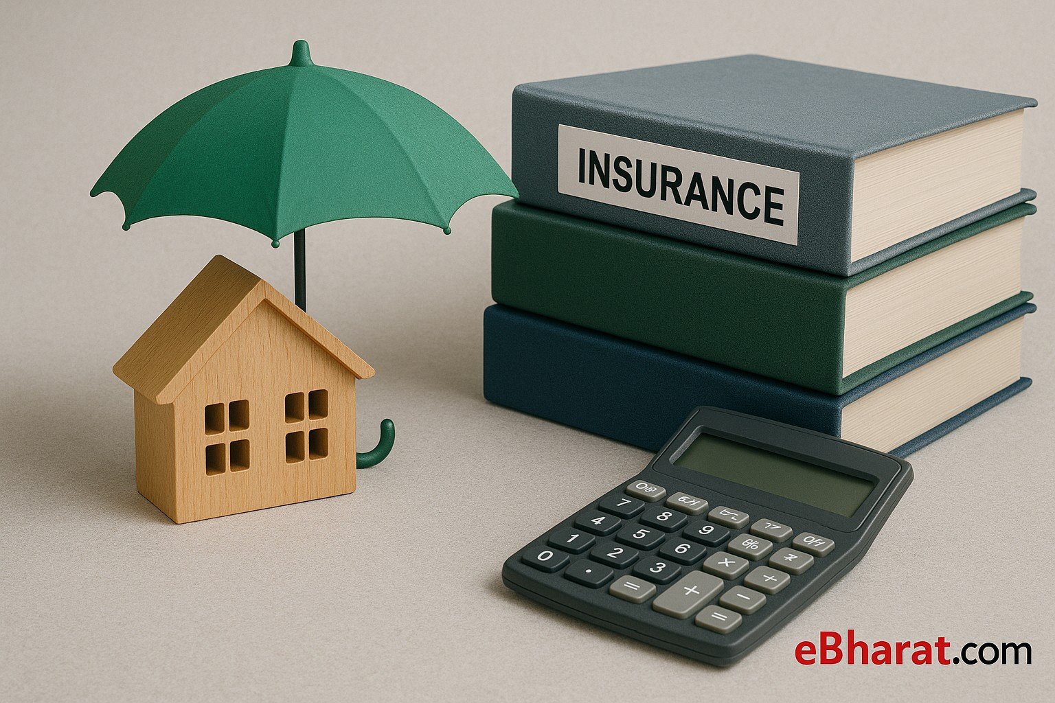 Wooden house model under a green umbrella beside stacked insurance binders and calculator, symbolizing GIC Re’s role in India’s reinsurance market — eBharat.com