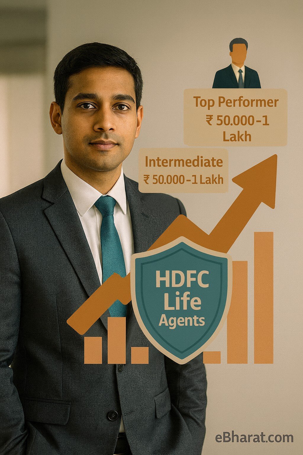 Infographic with a young Indian professional and a growth chart showing HDFC Life agent earnings potential: Beginner ₹25,000–40,000, Intermediate ₹50,000–1 Lakh, and Top Performer ₹2 Lakh+
