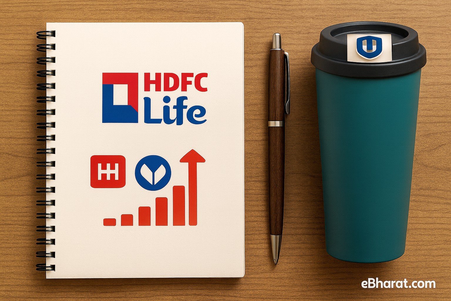 Notebook with HDFC Life logo placed on a wooden desk alongside a pen and a teal travel mug, symbolizing flexible and professional career opportunities as an HDFC Life agent.