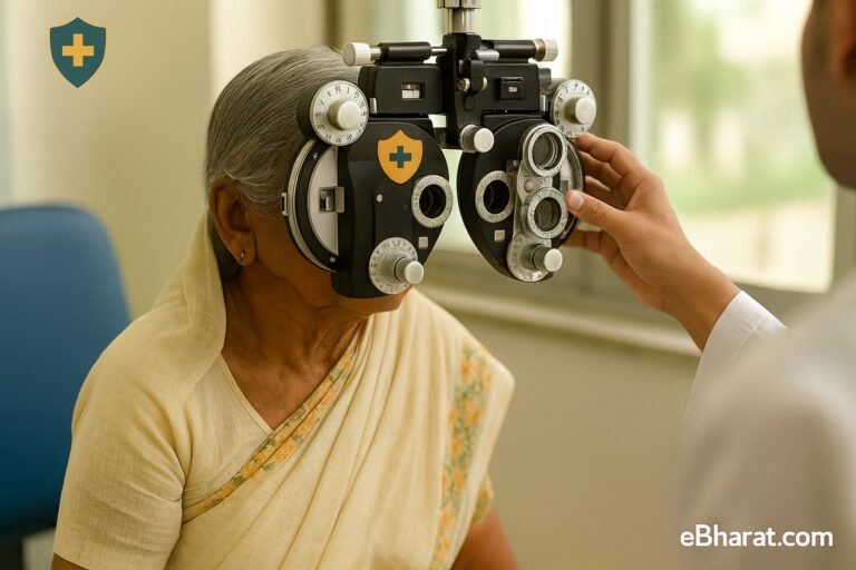 Elderly Indian woman undergoing an eye examination with a phoropter, featuring a health insurance logo in the top-left corner, in a bright clinic setting.