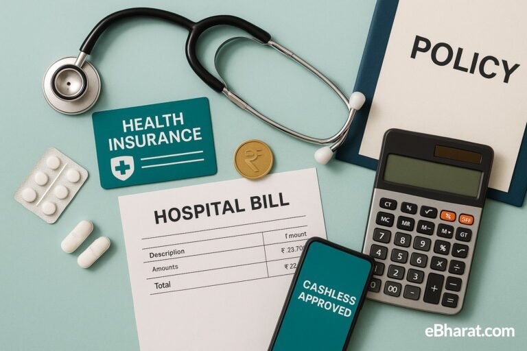 Health insurance essentials with stethoscope, policy folder, hospital bill, calculator, and smartphone showing cashless claim approved