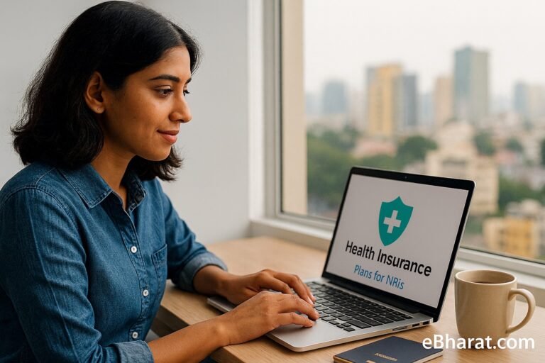 NRI woman researching Indian health insurance plans online