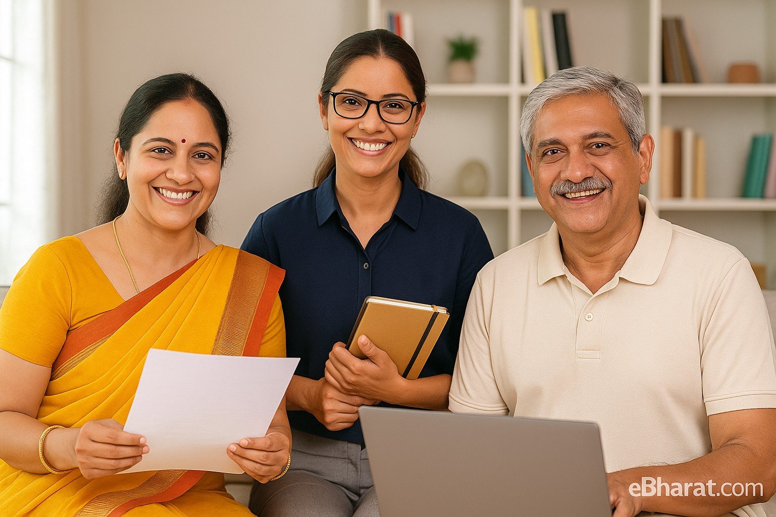 A homemaker using a laptop at home, a female teacher explaining insurance to a parent, and a retired Indian man smiling with policy papers — showing why diverse people are becoming HDFC Life agents.