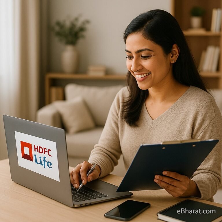 A young Indian professional sitting at a home desk with a laptop and smartphone, working as an HDFC Life agent from home. Papers and a tea cup on the desk, bright indoor daylight, with eBharat.com watermark.